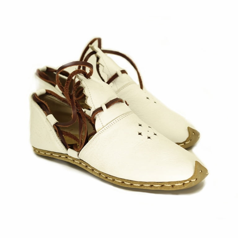 Beyaz Çamlı Model Dana Derisi Kadın Yemeni Çarık - Görsel 2