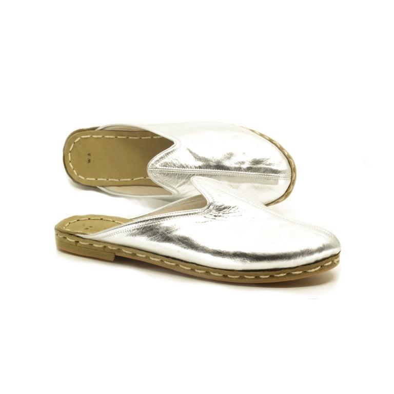 Parlak Gümüş Rengi Düz Dana Derisi El Dikişli Erkek Kapalı Terlik - Görsel 3