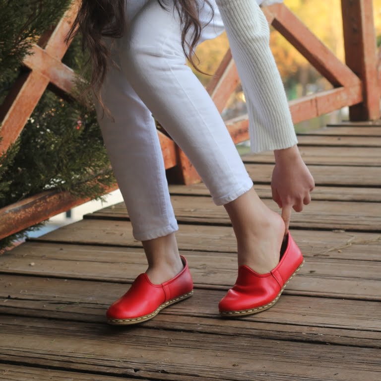 Kadın Ayakkabı Düz Yemeni  Kırmızı Cilt Deri - Görsel 4