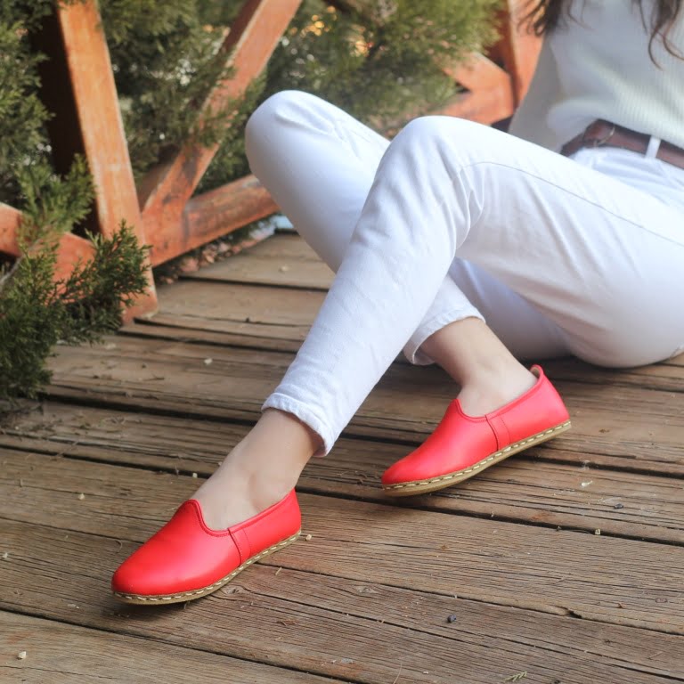 Kadın Ayakkabı Düz Yemeni  Kırmızı Cilt Deri - Görsel 2