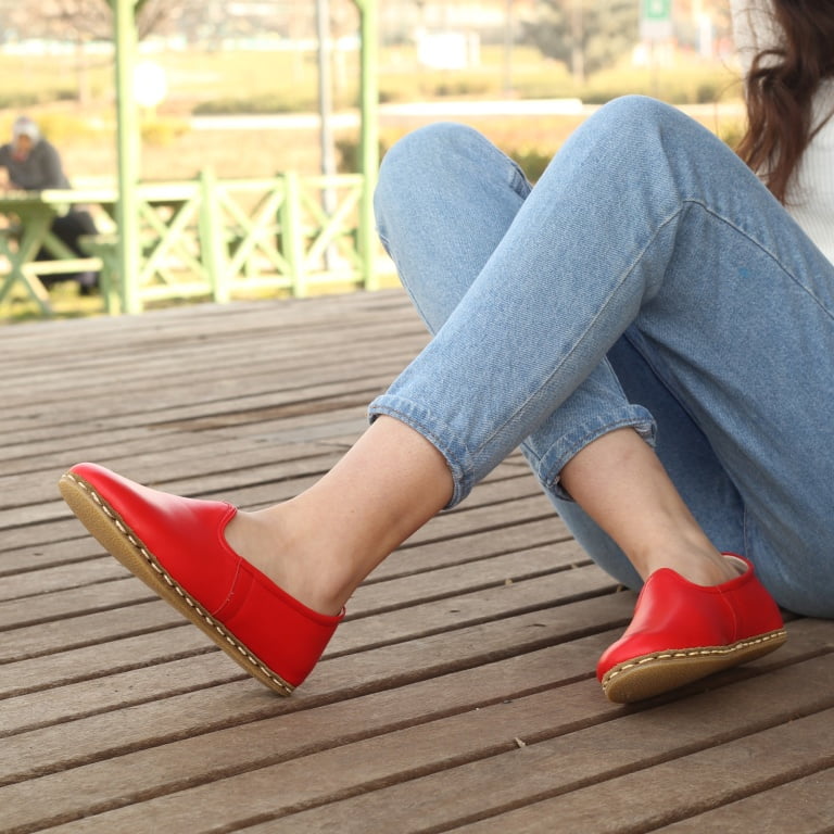 Kadın Ayakkabı Düz Yemeni  Kırmızı Cilt Deri - Görsel 6