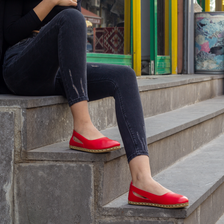 El Yapımı Barefoot Yalınayak Kadın Deri Beril Model, Kırmızı - Görsel 4