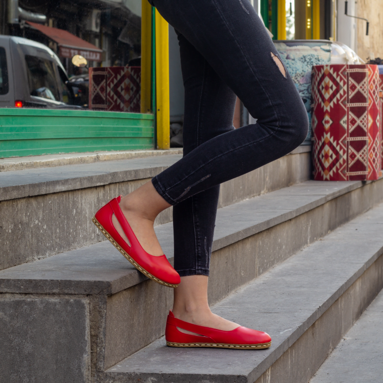 El Yapımı Barefoot Yalınayak Kadın Deri Beril Model, Kırmızı - Görsel 2