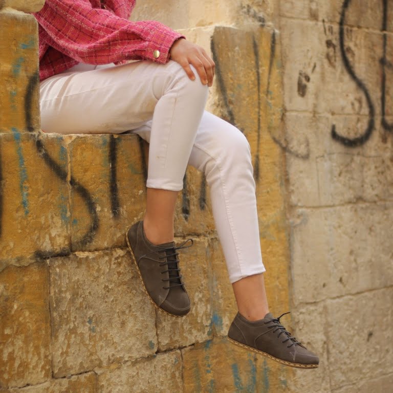 El Yapımı Barefoot Yalınayak Kadın Deri Sneakers Model, Gri Nubuk - Görsel 4