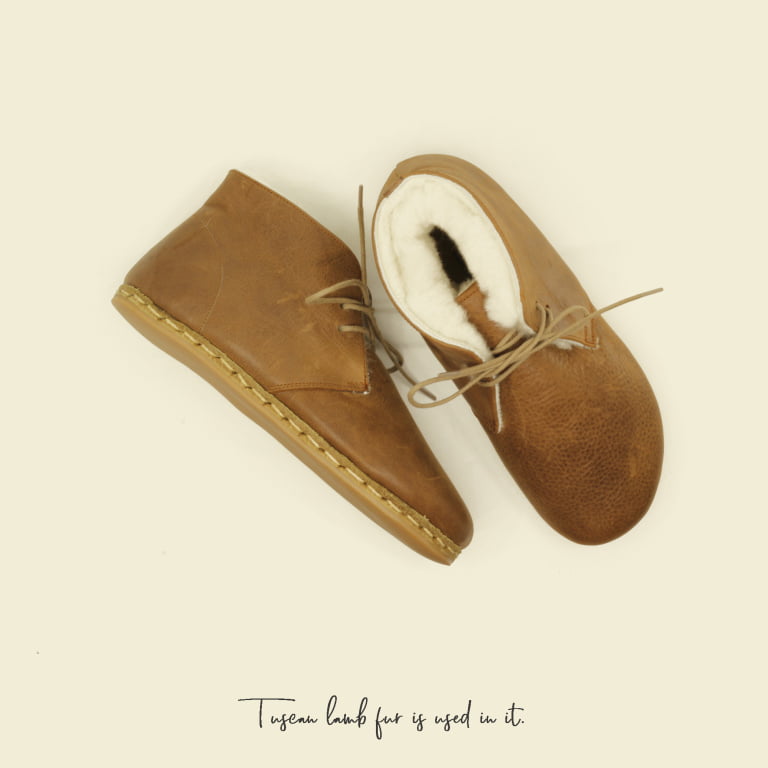 El Yapımı Barefoot Yalınayak Kadın Deri Kısa İçi Kürklü Bağcıklı Kadın Bot, Mat Kahve - Görsel 5