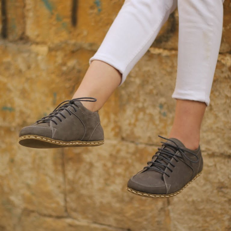 El Yapımı Barefoot Yalınayak Kadın Deri Sneakers Model, Gri Nubuk - Görsel 3