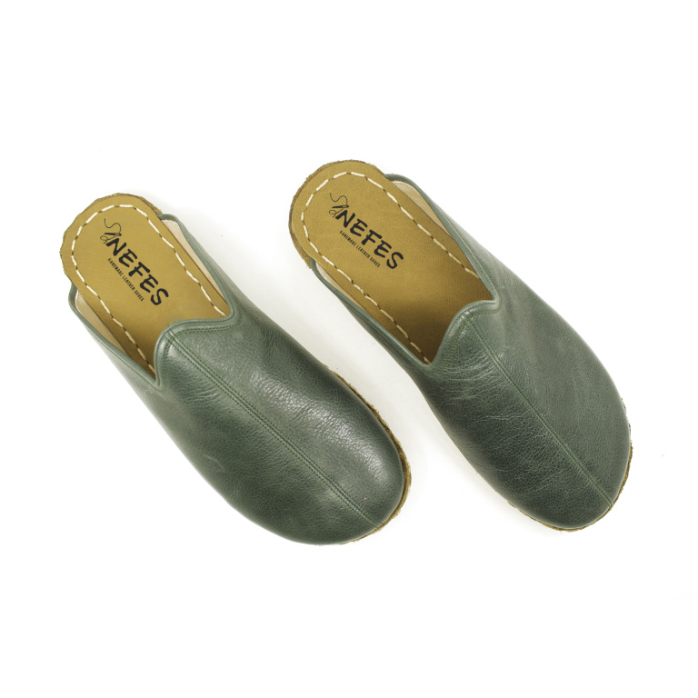 El Yapımı Barefoot Yalınayak Erkek Deri Parçalı Terlik, Petrol Yeşili - Görsel 3