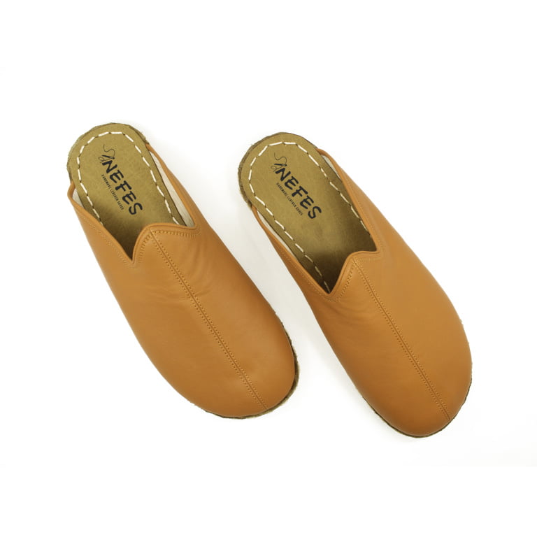 El Yapımı Barefoot Yalınayak Kadın Deri Parçalı Terlik, Hardal Rengi - Görsel 3