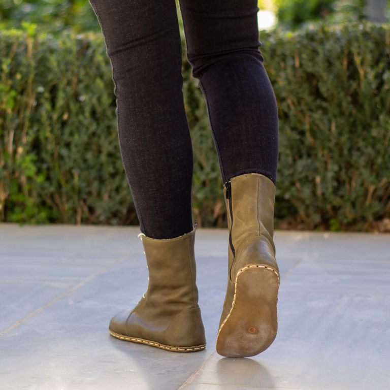El Yapımı Barefoot Yalınayak Kadın Deri Uzun Kadın Bot, Zeytin Yeşili - Görsel 4