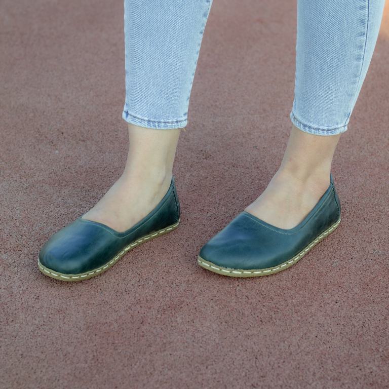 El Yapımı Barefoot Yalınayak Kadın Deri Babet Model, Petrol Yeşili - Görsel 7