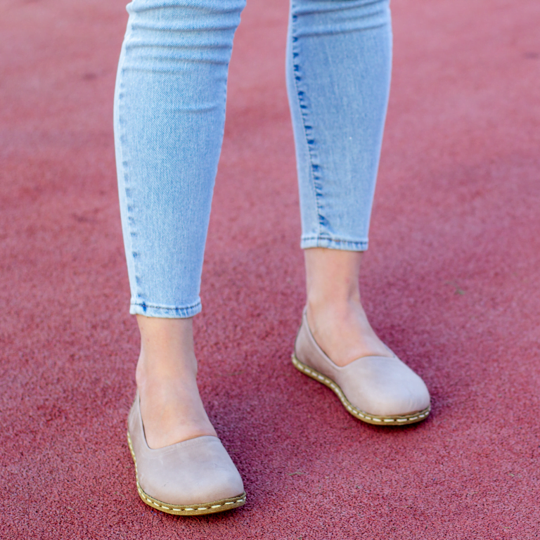 El Yapımı Barefoot Yalınayak Kadın Deri Babet Model, Bej - Görsel 5