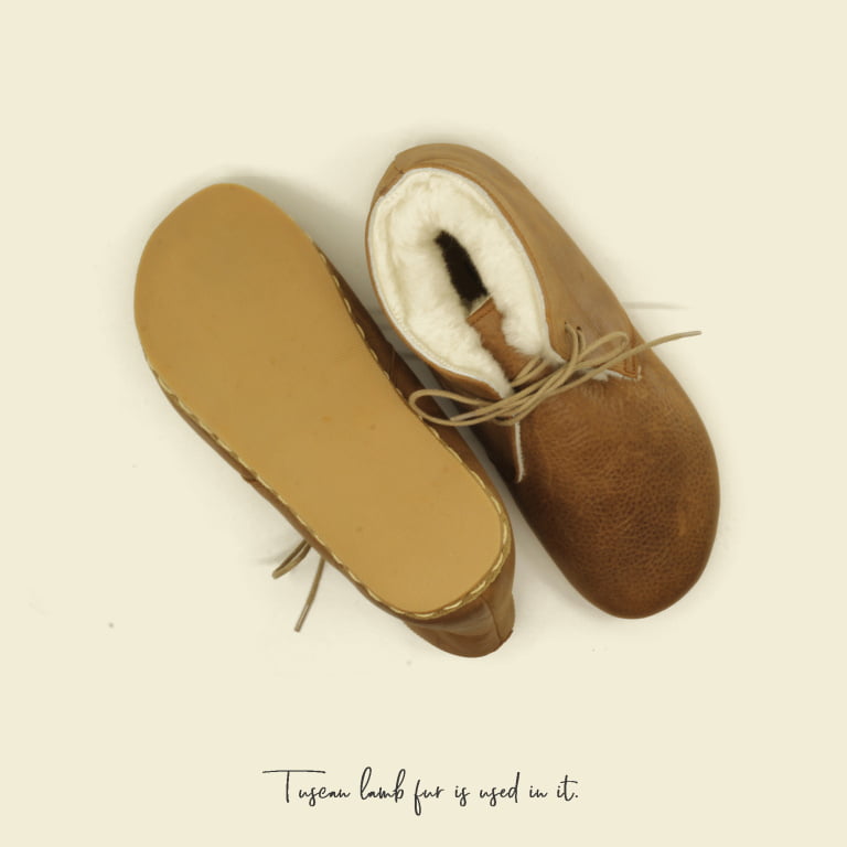 El Yapımı Barefoot Yalınayak Kadın Deri Kısa İçi Kürklü Bağcıklı Kadın Bot, Mat Kahve - Görsel 4