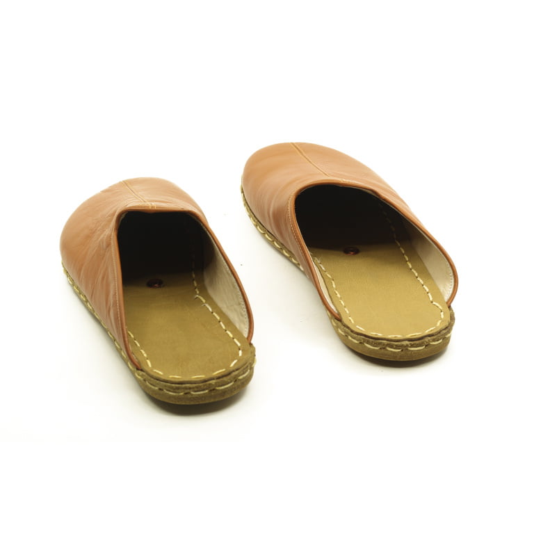 El Yapımı Barefoot Yalınayak Kadın Deri Parçalı Terlik, Karamel Rengi - Görsel 4