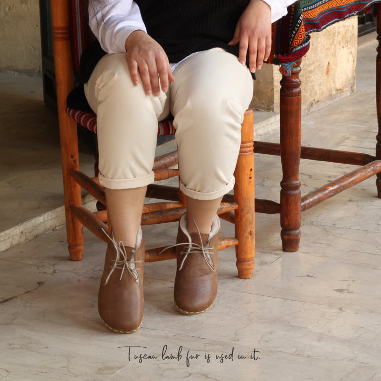 El Yapımı Barefoot Yalınayak Kadın Deri Kısa İçi Kürklü Bağcıklı Kadın Bot, Mat Kahve - Görsel 3