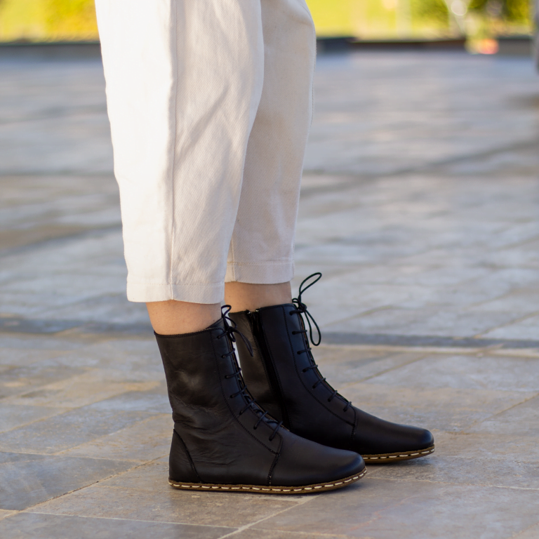 El Yapımı Barefoot Yalınayak Kadın Deri Uzun Kadın Bot, Siyah - Görsel 6