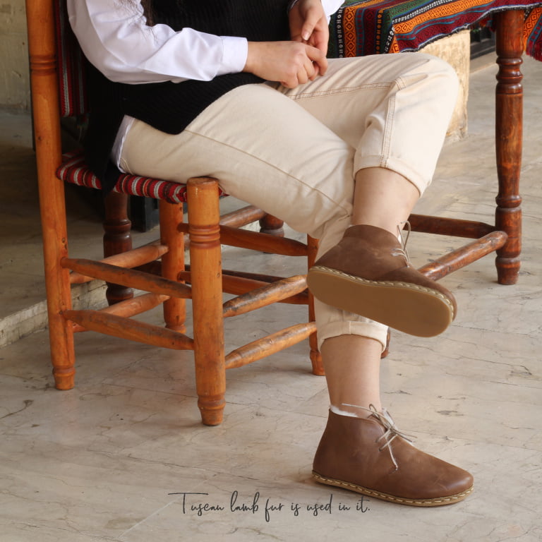 El Yapımı Barefoot Yalınayak Kadın Deri Kısa İçi Kürklü Bağcıklı Kadın Bot, Mat Kahve - Görsel 2