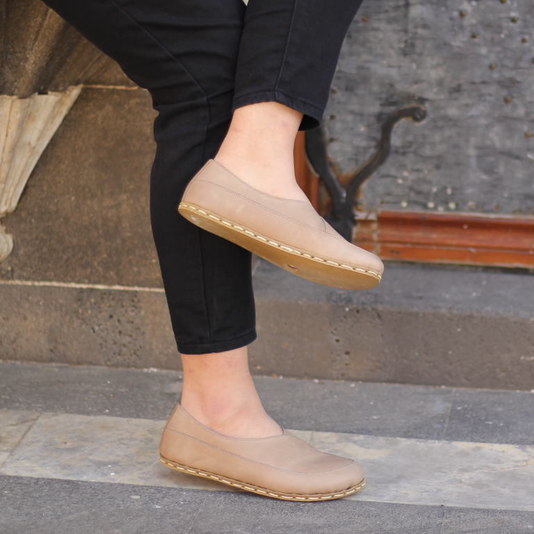 El Yapımı Barefoot Yalınayak Kadın Deri Sevim Model, Bej - Görsel 2