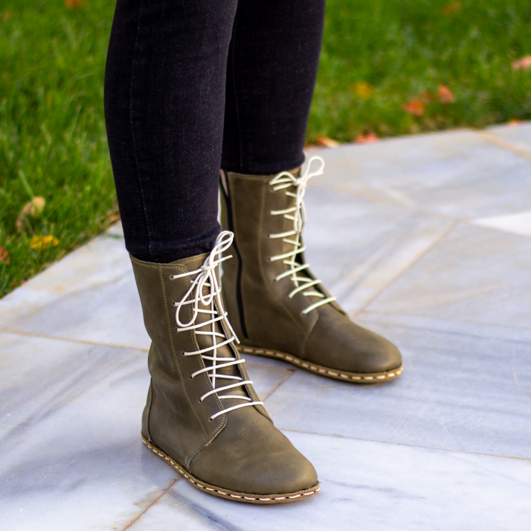 Barefoot Boots | Barefoot Shoes | Green Leather Boot | Barefoot Women Boot | Grounding Copper Rivet | Crazy Olive Green