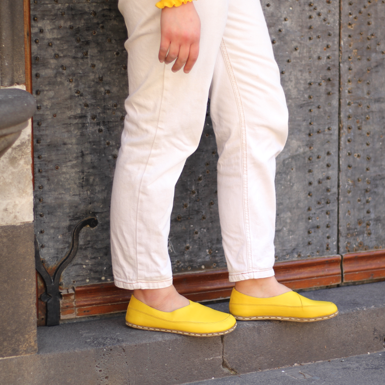 El Yapımı Barefoot Yalınayak Kadın Deri Sevim Model, Sarı - Görsel 5