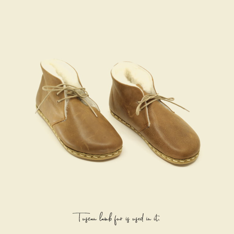 El Yapımı Barefoot Yalınayak Kadın Deri Kısa İçi Kürklü Bağcıklı Kadın Bot, Mat Kahve - Görsel 6