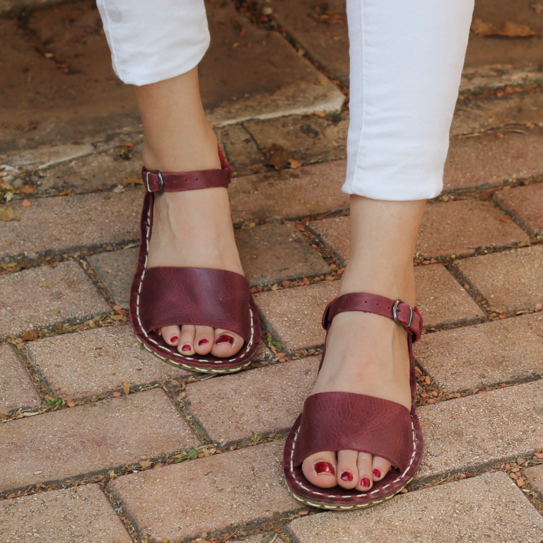 El Yapımı Barefoot Yalınayak Kadın Deri Lena Sandalet, Bordo - Görsel 3