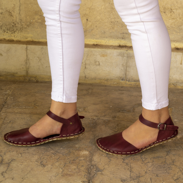 El Yapımı Barefoot Yalınayak Kadın Deri Sandalet Model, Bordo - Görsel 9