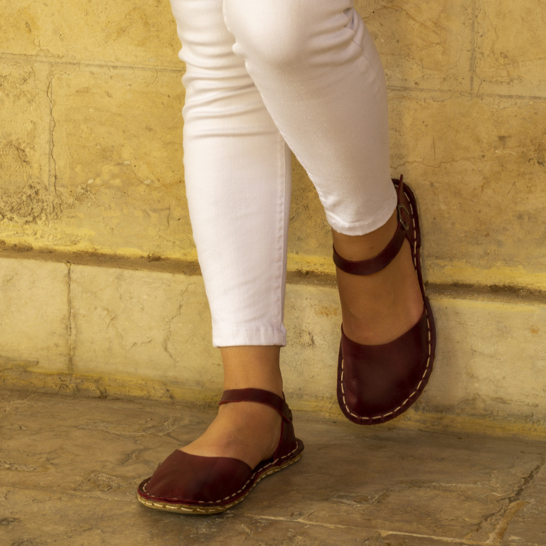 El Yapımı Barefoot Yalınayak Kadın Deri Sandalet Model, Bordo - Görsel 8