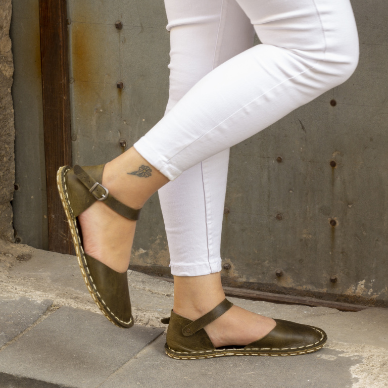 El Yapımı Barefoot Yalınayak Kadın Deri Sandalet Model, Zeytin Yeşili - Görsel 7
