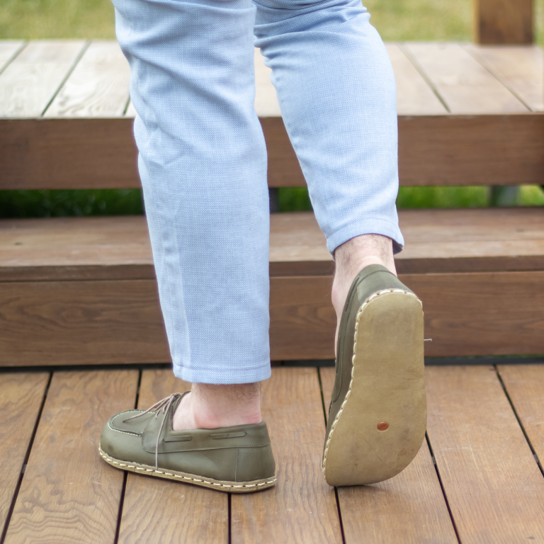 El Yapımı Barefoot Yalınayak Erkek Deri Mellow Model, Zeytin Yeşili - Görsel 5