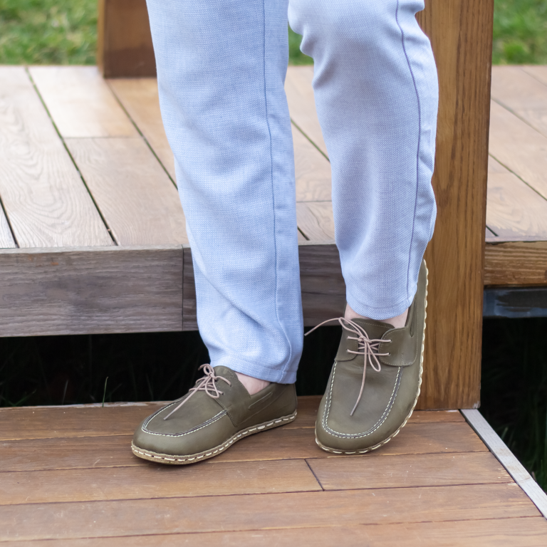 El Yapımı Barefoot Yalınayak Erkek Deri Mellow Model, Zeytin Yeşili - Görsel 2