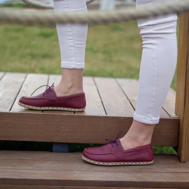El Yapımı Barefoot Yalınayak Kadın Deri Mellow Model, Bordo - Görsel 3