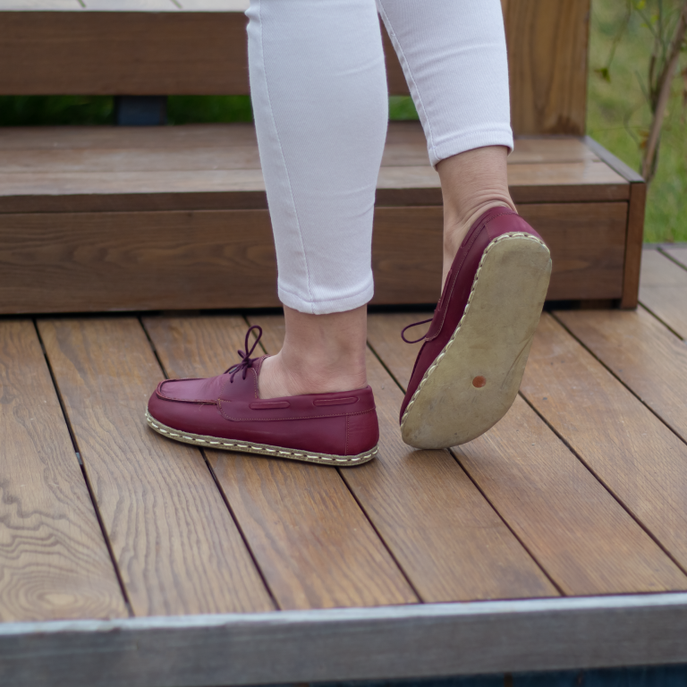 El Yapımı Barefoot Yalınayak Kadın Deri Mellow Model, Bordo - Görsel 2