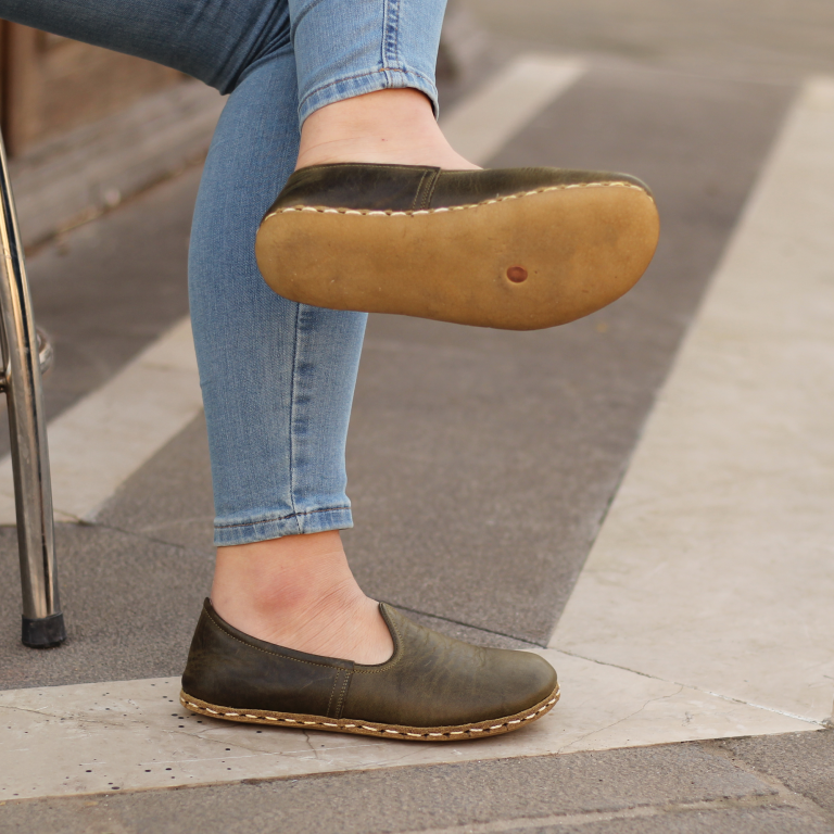 El Yapımı Barefoot Yalınayak Kadın Deri Klasik Model, Zeytin Yeşili - Görsel 6