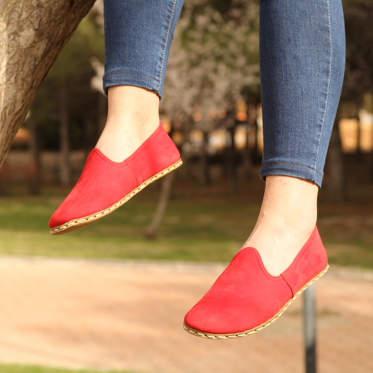 El Yapımı Barefoot Yalınayak Kadın Deri Klasik Model, Kırmızı Nubuk - Görsel 5