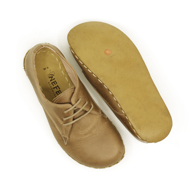 El Yapımı Barefoot Yalınayak Erkek Deri Bağcıklı Model, Bej Rengi - Görsel 3