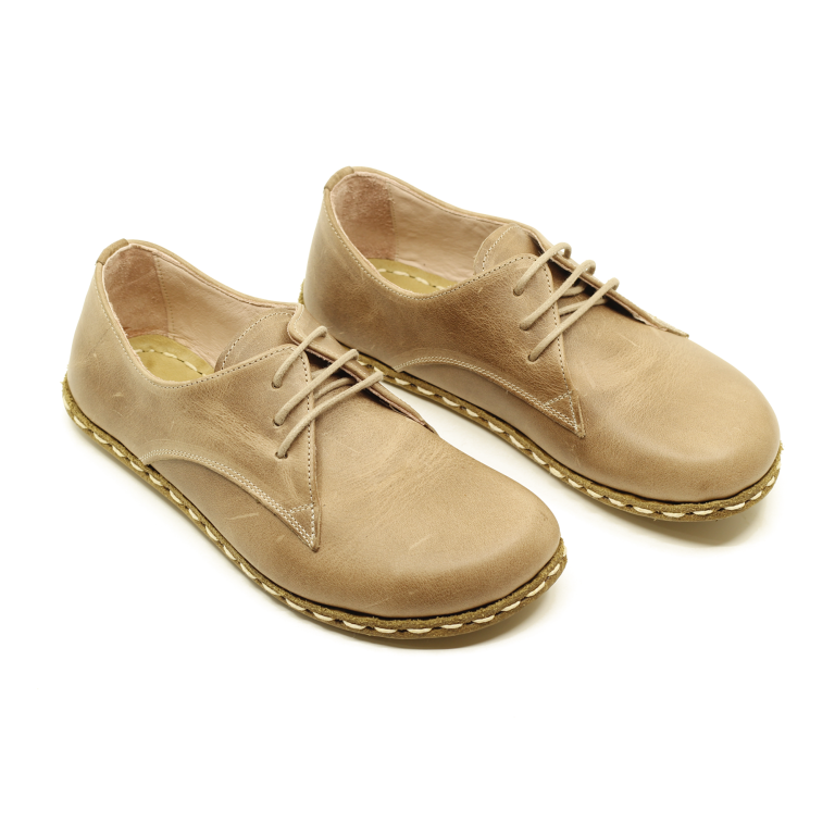 El Yapımı Barefoot Yalınayak Erkek Deri Bağcıklı Model, Bej Rengi - Görsel 2