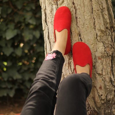 El Yapımı Barefoot Yalınayak Kadın Deri Klasik Model, Kırmızı Nubuk